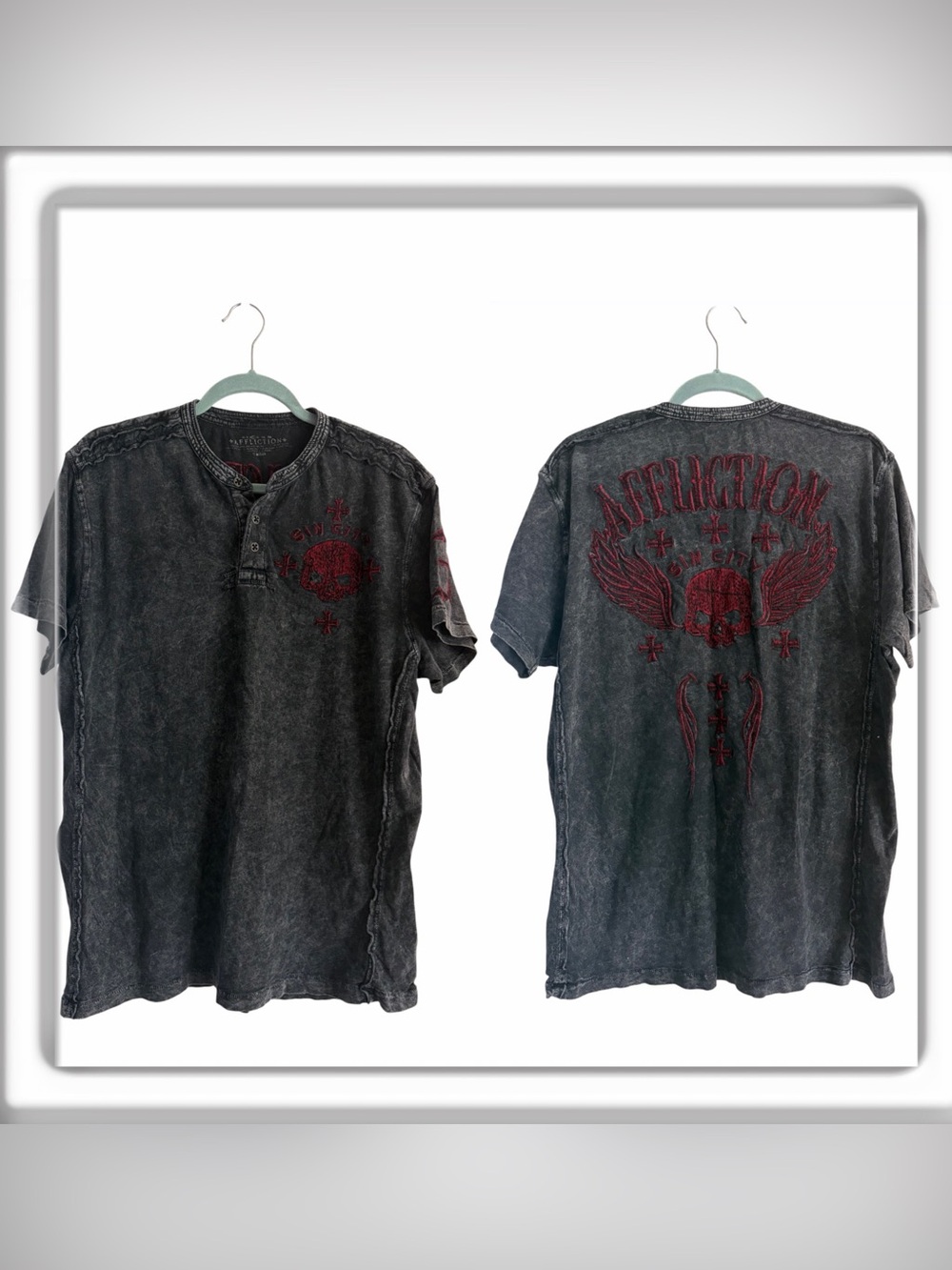 Affliction Black Lava Short Sleeve Henley Shirt size Large “Sin City” Skull